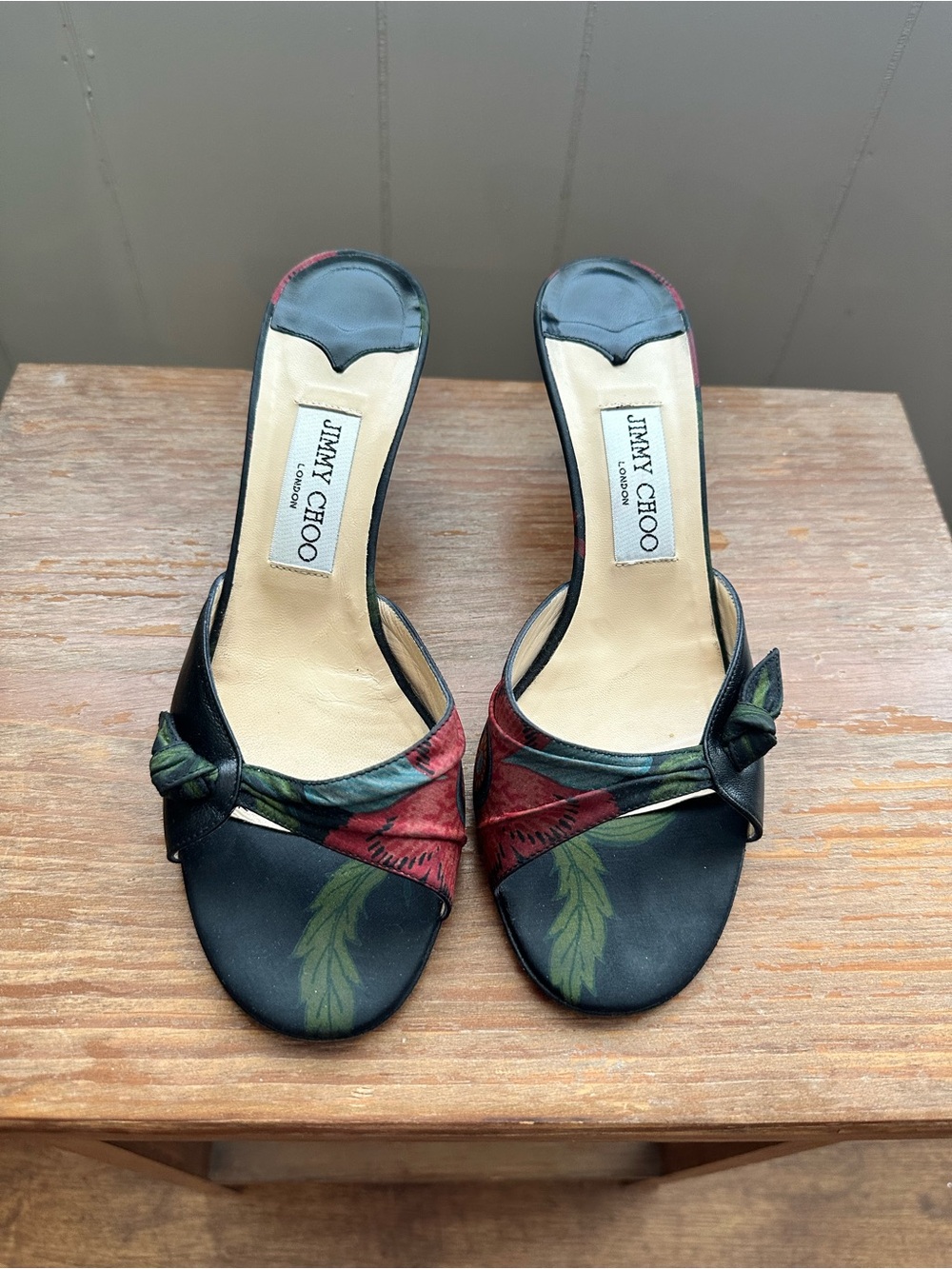 Jimmy Choo Black Mules with Red and Green Floral Print
